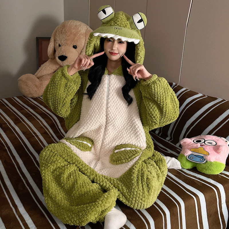 Cartoon Crocodile Lailai Coral Velvet Pajamas Women's Autumn and Winter Thickened One-Piece Suit Plus Velvet Can Be Weared Outside Fun Home Clothes