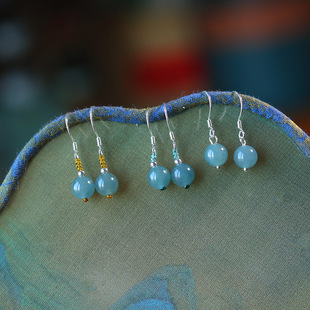 Natural Blue Water Jade Earrings A Goods Women's Round Bead Earrings Light Luxury High-end Niche Design All-body 925 Silver Earrings