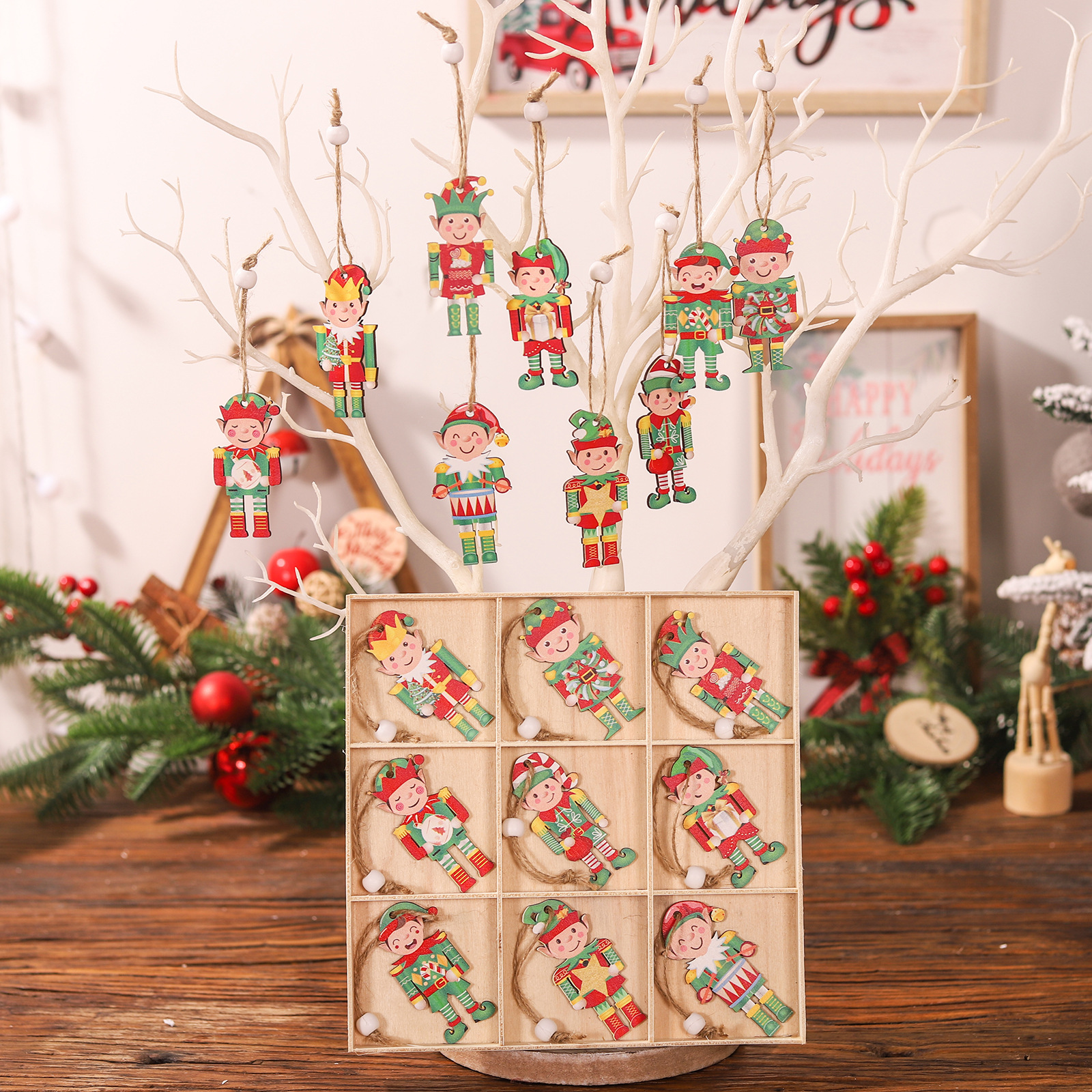 Navidad vacaciones decoraciones jiugongge Pancake hombre de madera muñeca colgante 18 unids Elf muñeca madera colgante adornos