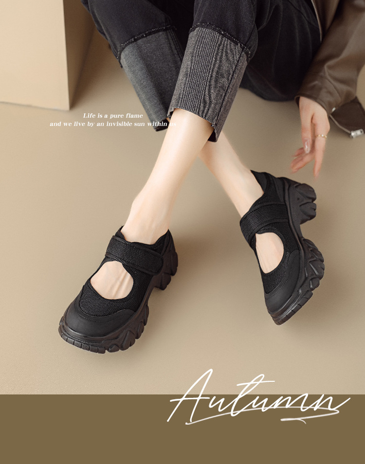 Giày Mary Jane nữ đế dày da thật quai ngang khóa Velcro — Đen + lưới, Đen + vải lụa chi tiết 2