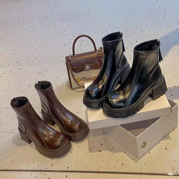 厚底增高马丁靴女单靴2025秋新气质切尔西靴显瘦复古真皮粗跟短靴