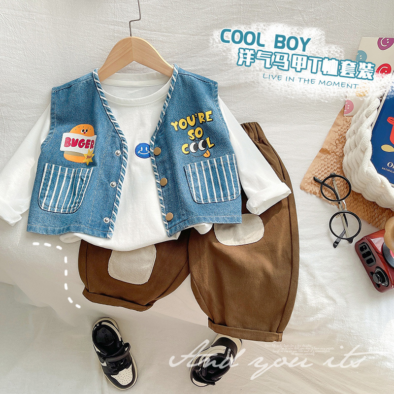 Knock cute ~ set de ropa de otoño para niños hamburguesas impresión chaleco de vaquero chico guapo chaleco de primavera y otoño sin mangas