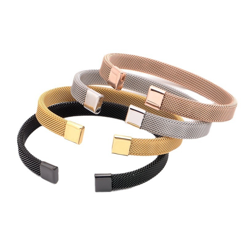 New stainless steel mesh bracelet European and American simple fashion men and women C shape 8MM open mesh Joker bracelet titanium steel