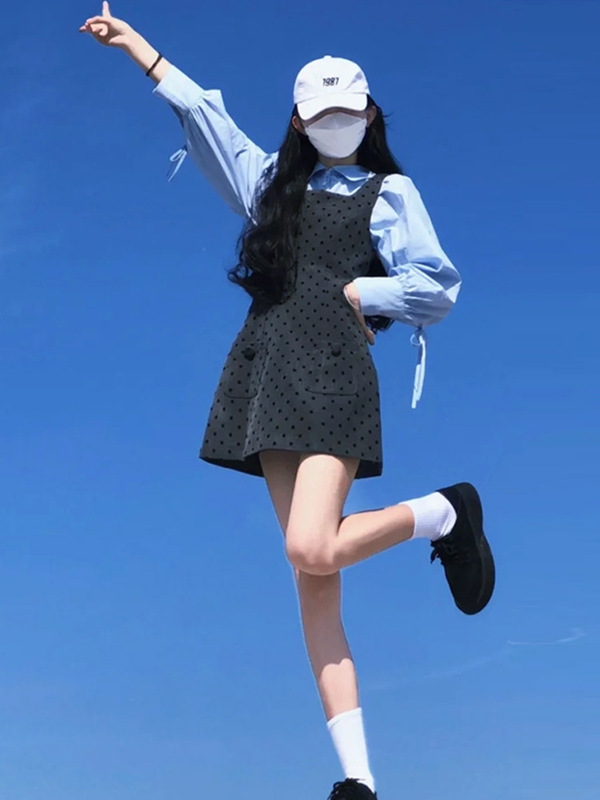 French college style gray wave dot sling dress children early autumn 2024 new small temperament suit