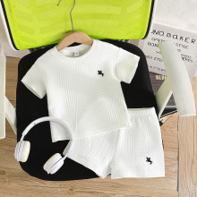 跨境2025男宝宝简约舒适赛马图案绣花T恤+短裤套装夏季新款运动风