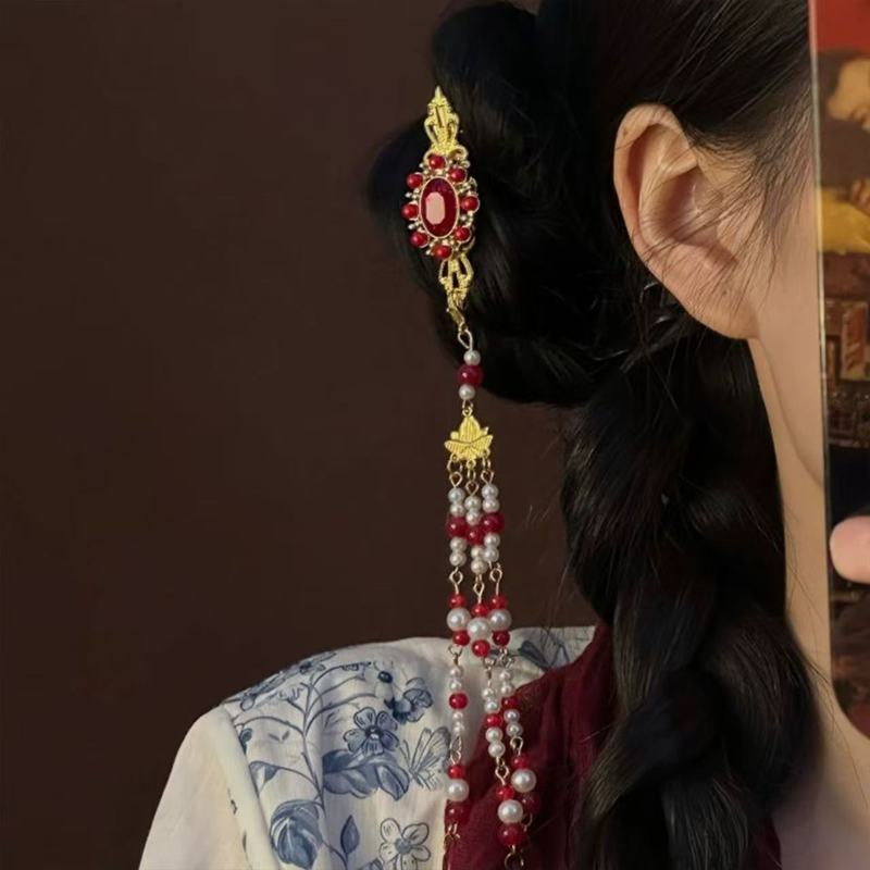 「红妆素裹」新中式国风红色宝石流苏发夹女2025年新款高端边夹|undefined