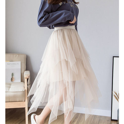 Summer Irregular Mesh Skirt, Mid-Length, High-Waisted, Slimming A-Line, Fairy-Like Fluffy Design