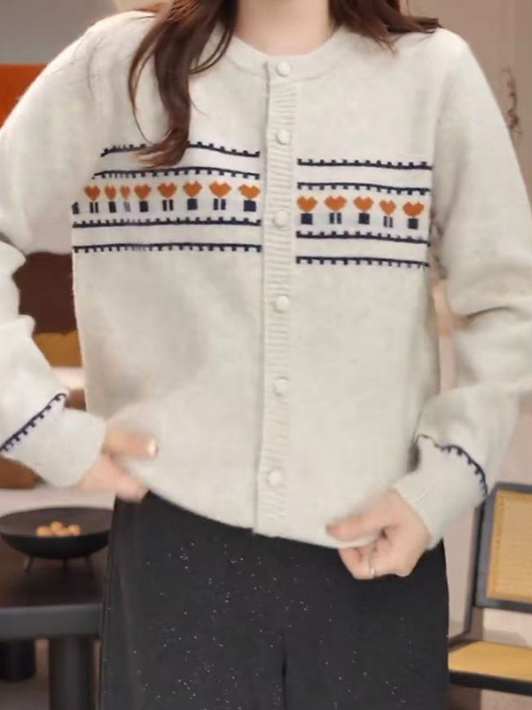羊绒提花针织开衫女2025秋冬季复古撞色毛衣外套新款宽松软糯舒适|undefined