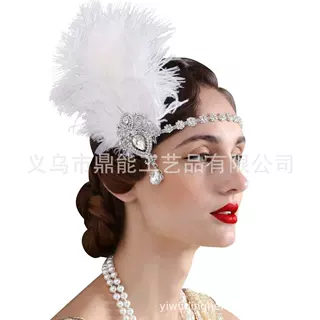 1920s盖茨比羽毛发带新款亚马逊驼鸟毛头带合金水滴钻派对舞会头