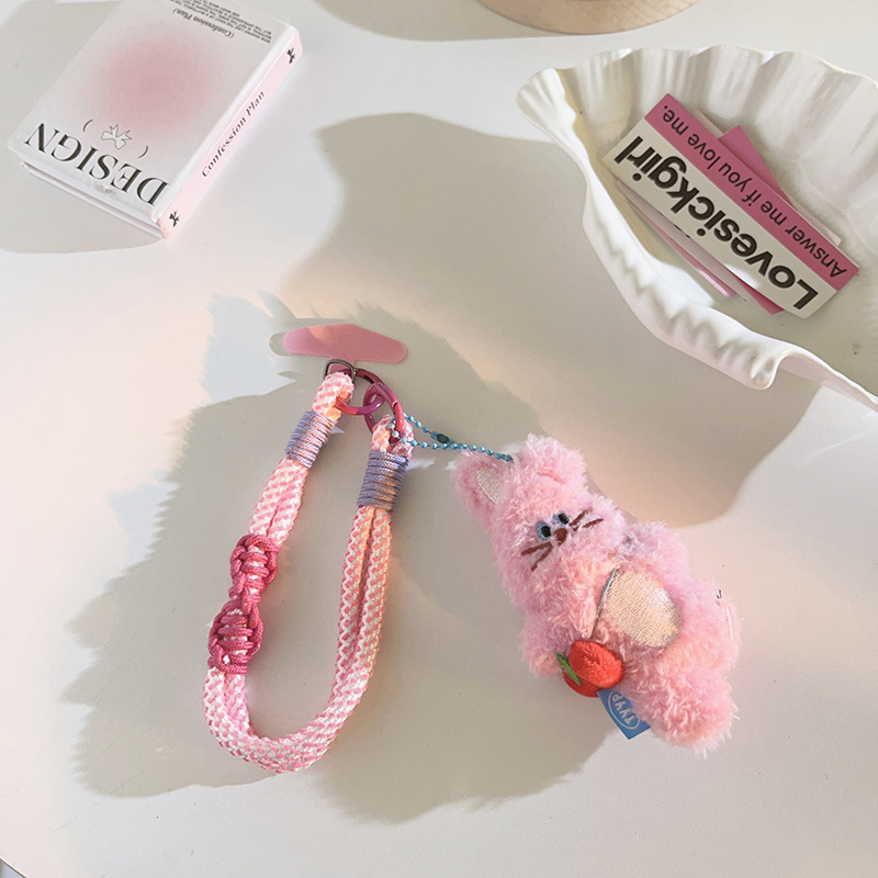 Fun Ins Pink Apple Backpack Rabbit Doll Pendant Mobile Phone Case Lanyard Short Key Chain Hanging Chain Wrist Strap