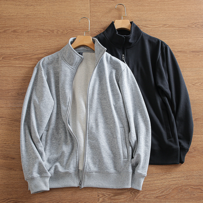 Foreign Trade Order Spring and Autumn Men's Washed Cotton Knitted terry Solid Color Casual Cardigan Collar Sweater Zipper Jacket