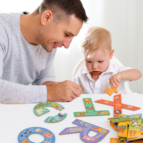Wooden cartoon intelligence large block puzzle number letter animal cognition advanced building blocks 1-3 years old preschool toy