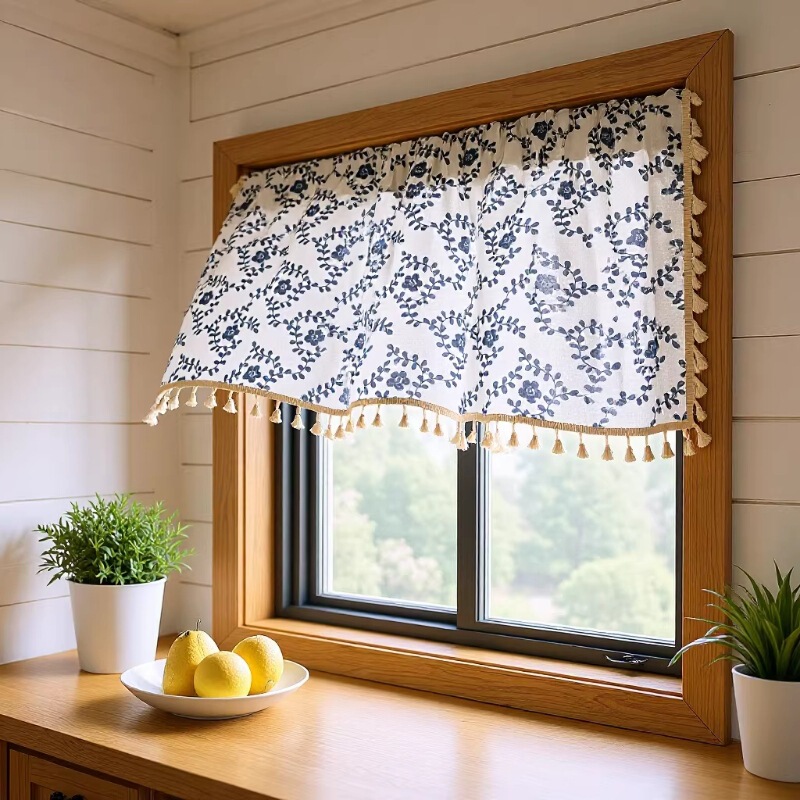 Printed Tassel Partition Curtain, Coffee-Colored Half Curtain for Small Windows, Kitchen Blindfold Curtain, No-Drill Door Curtain, Cabinet Curtain Factory Printed Tassel Partition Curtain, Coffee-Colored Half Curtain for Small Windows, Kitchen Blindfold Curtain, No-Drill Door Curtain, Cabinet Curtain Factory