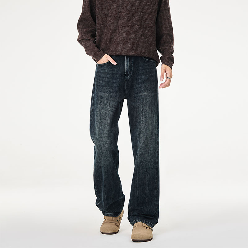 American-style retro dark blue straight-leg jeans for men, autumn/winter 2026 new collection, loose fit, slimming effect, casual, thick fabric, long pants American-style retro dark blue straight-leg jeans for men, autumn/winter 2026 new collection, loose fit, slimming effect, casual, thick fabric, long pants
