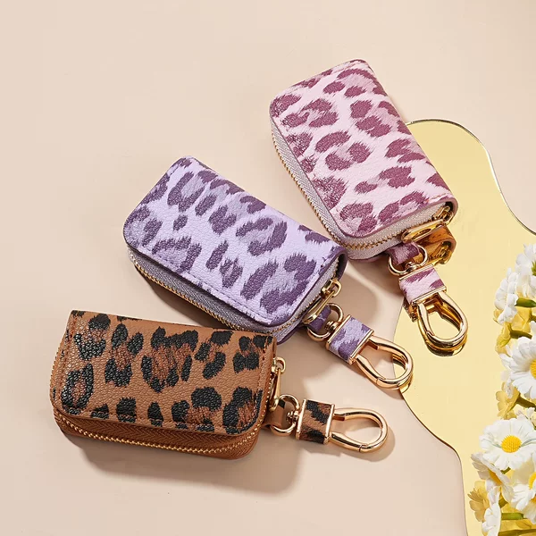 New Car Key Bag Unisex Car Key Storage Bag Creative Leopard Print Leather Pendant Keychain