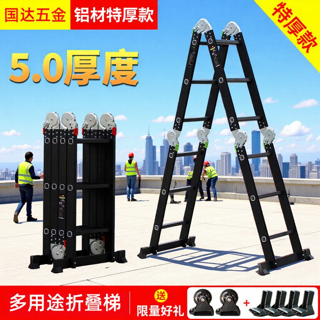 Guoda Folding Ladder Aluminum Alloy Household Ladder Thickened A-Frame Ladder Engineering Ladder Adjustable Telescopic Straight Ladder Aluminum Alloy