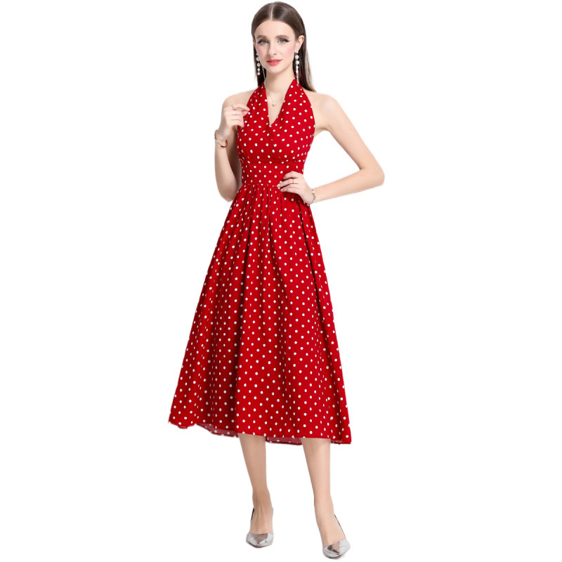Đầm maxi cổ chữ V chấm bi đỏ phong cách Hồng Kông cổ điển, váy dài kiểu Pháp — Màu đen, Màu xanh lam, Màu trắng, Màu vàng