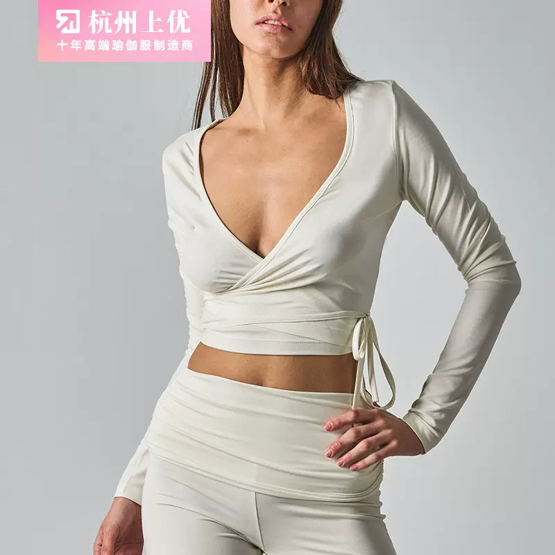 莫代尔绑带长款罩衫交叉深V领针织T恤衫休闲瑜伽长袖瑜伽运动上衣