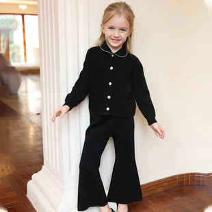 Girls' Chanel Style Knitted Cardigan with Diamond Edge Coat Horn Pants suit 2024 Autumn and Winter Little Girl's Knitted Sweater