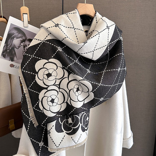Fashion All-match Small Fragrant Style Camellia Thickened 2024 New Winter Cashmere Shawl Dual-purpose Warm Neck for Women
