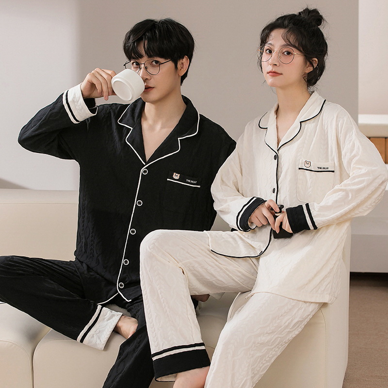 Couple Pajamas Women's Autumn and Winter Cardigan Long Sleeve Cotton Korean Style Cartoon Men's and Women's Home Clothes Set One Piece Dropshipping