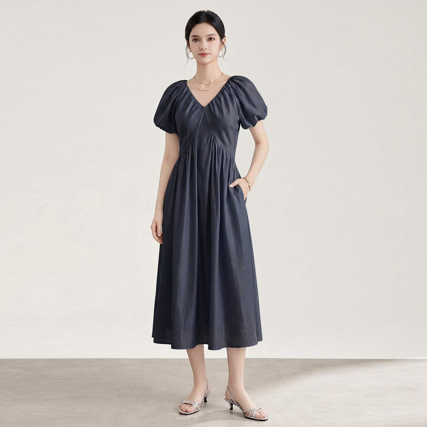 Đầm suông midi tay bồng cổ V xếp ly cho nữ — màu xanh navy
