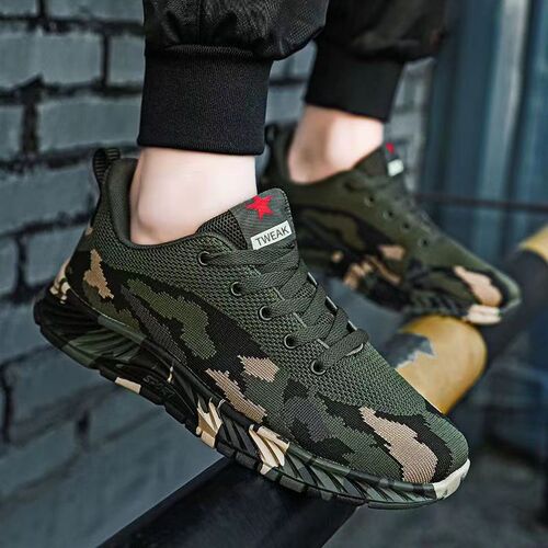 Spring and summer camouflage shoes for men and women, breathable fly-woven running shoes, outdoor hiking shoes, soft-soled student military training shoes