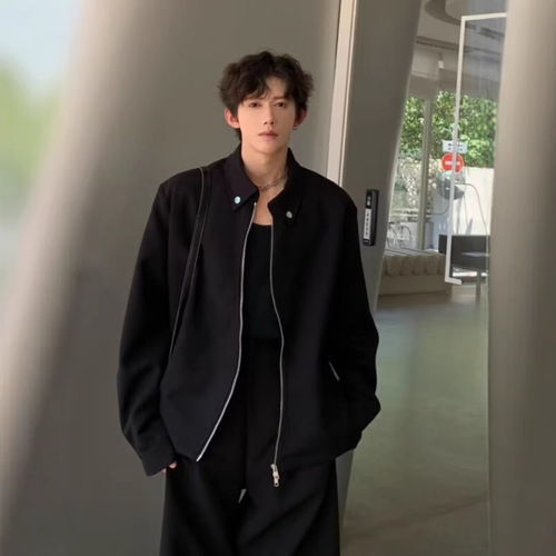 Black short coat, men's spring and autumn fashionable design, handsome loose flying suit, executive jacket