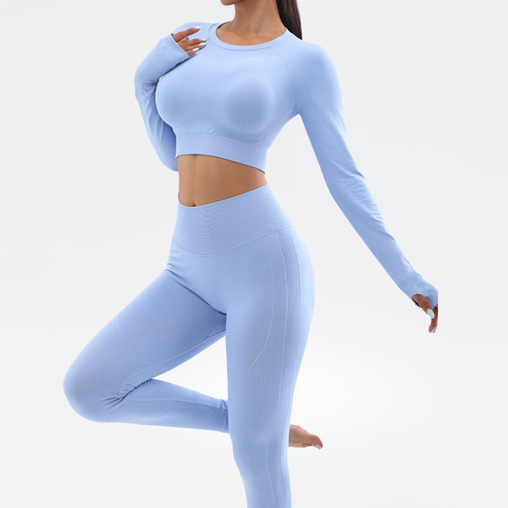 Transfronterizo europeo y americano sin costuras yoga manga larga superior apretado de secado rápido cintura alta cadera levantamiento yoga pantalones fitness traje mujeres