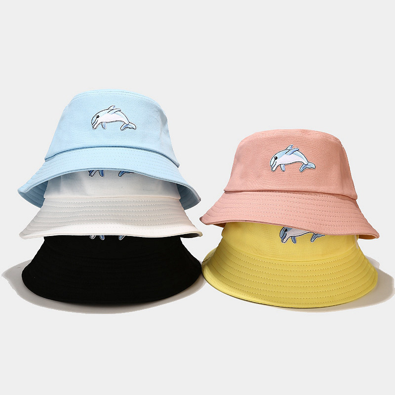 Estilo coreano nuevo patrón de dibujos animados delfín pescador sombrero femenino moda japonés simple macaron color cuenca sombrero pareja sombrero de protección solar