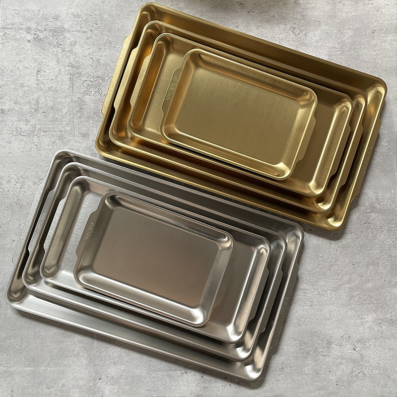Thickened rectangular golden barbecue plate, vegetable plate, sushi plate, outdoor tray, 304 stainless steel Korean barbecue plate