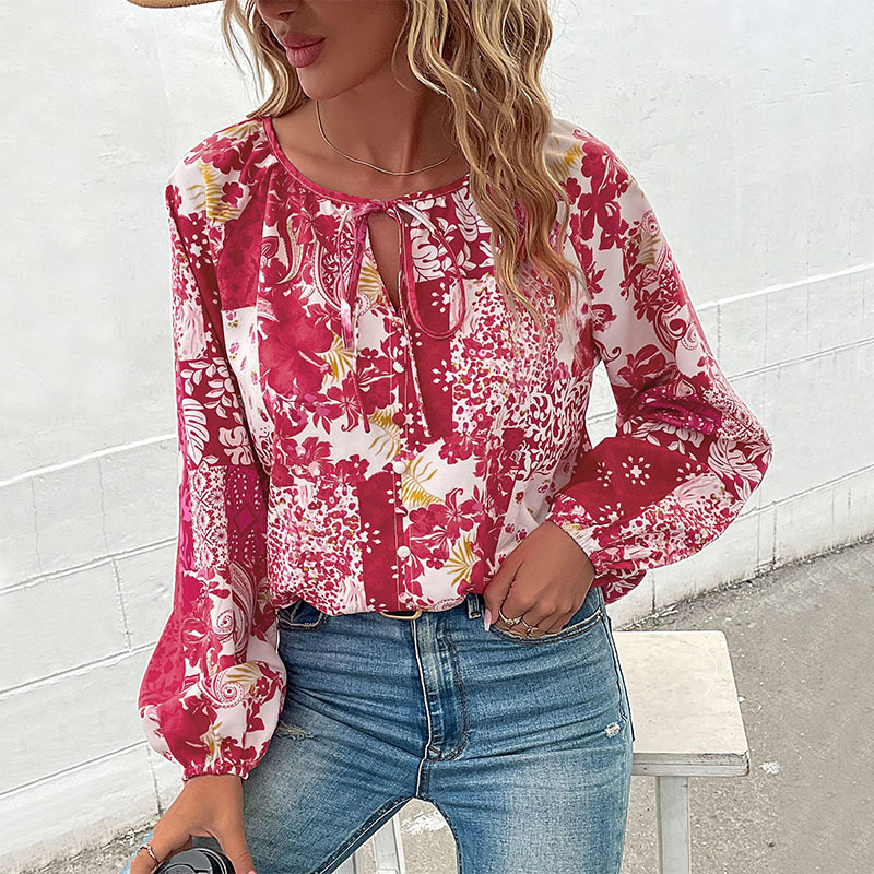 Camicia casual stampata Camicia con maniche a sbuffo con lacci alla moda per donna_voghion.com