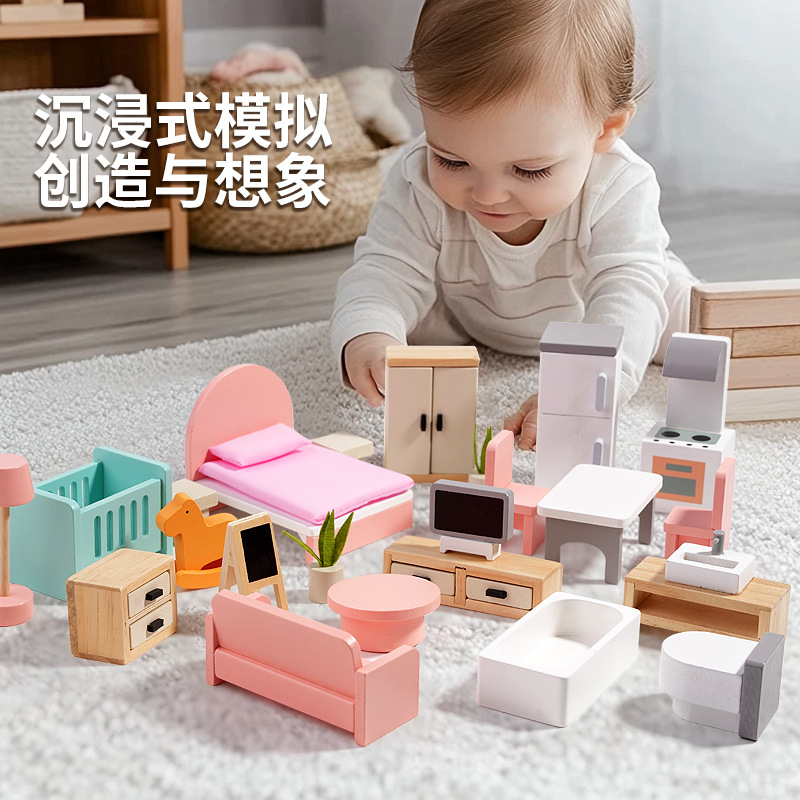 Mini casa de madera para niños muebles pequeños simulación dormitorio sala de estar modelo casa de muñecas