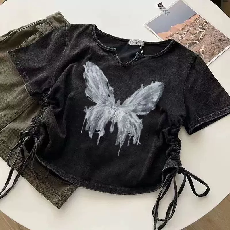 Американская ретро стирается старая футболка с короткими рукавами женская летняя короткая сладкая пряная девушка