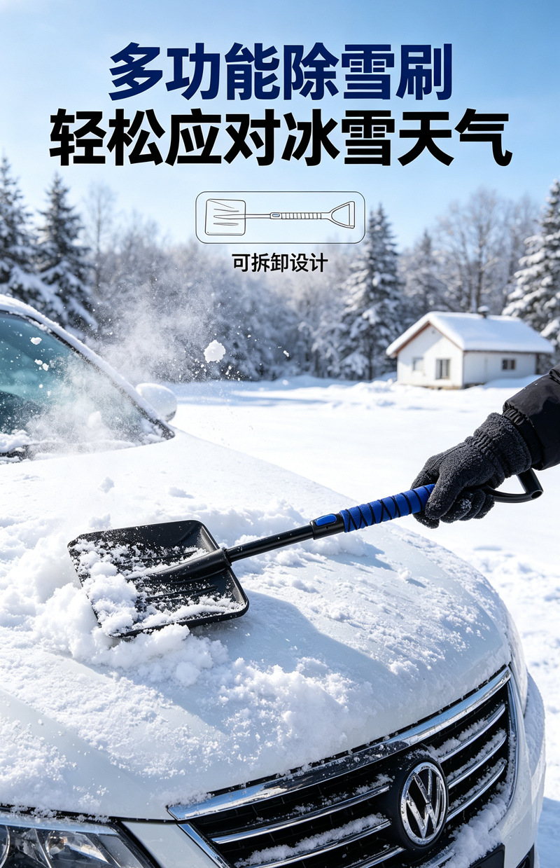 Cross-border new car-specific snow removal tool: a 3-in-1 snow shovel, brush, and scraper for removing snow from cars, designed for emergency use