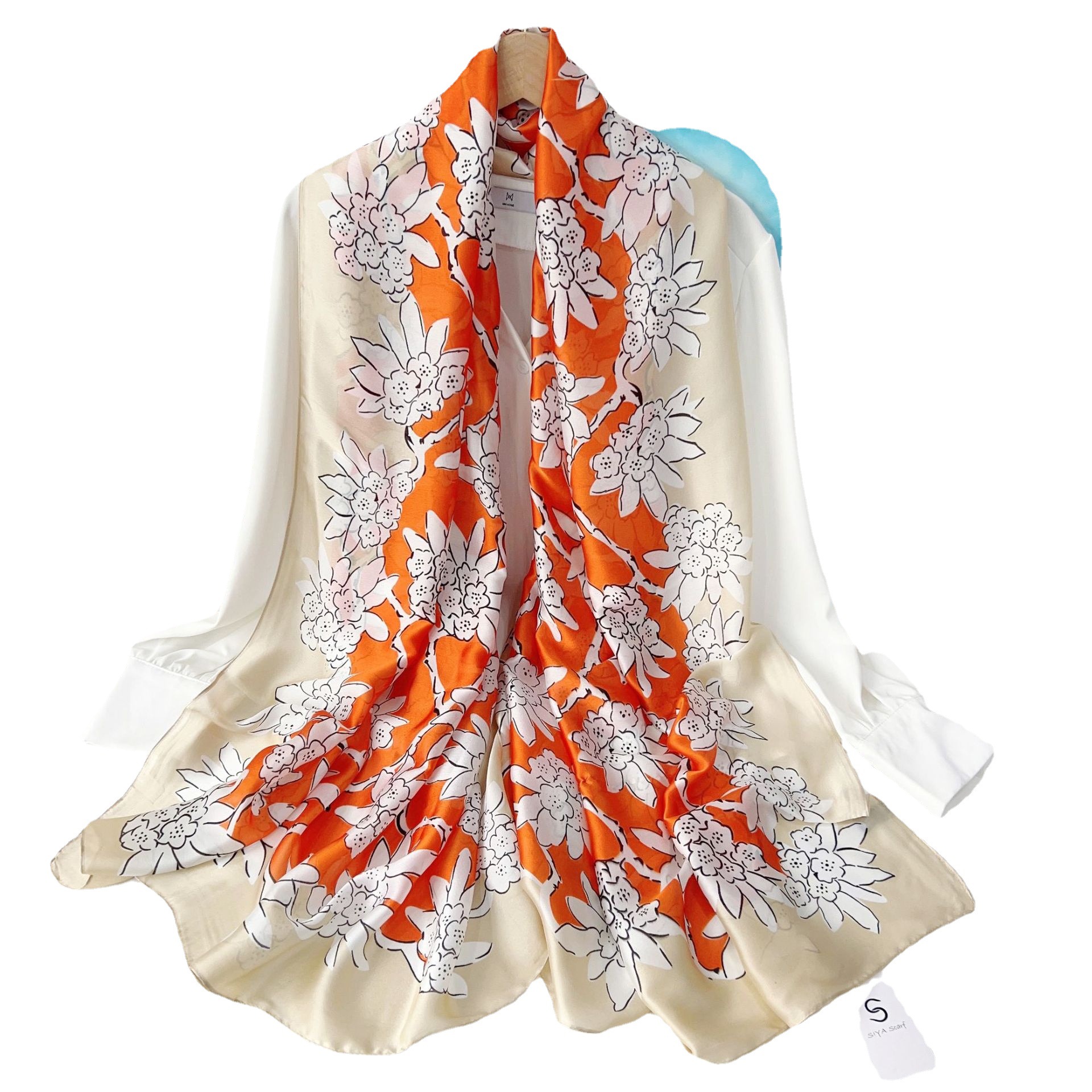 Nueva moda pequeña flor 90*180 primavera y verano de satén fino bufanda larga elegante del todo-fósforo de las mujeres elegante protector solar chal