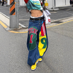 美式复古撞色印花弯刀牛仔裤女早秋新款街头街舞裤子宽松阔腿长裤
