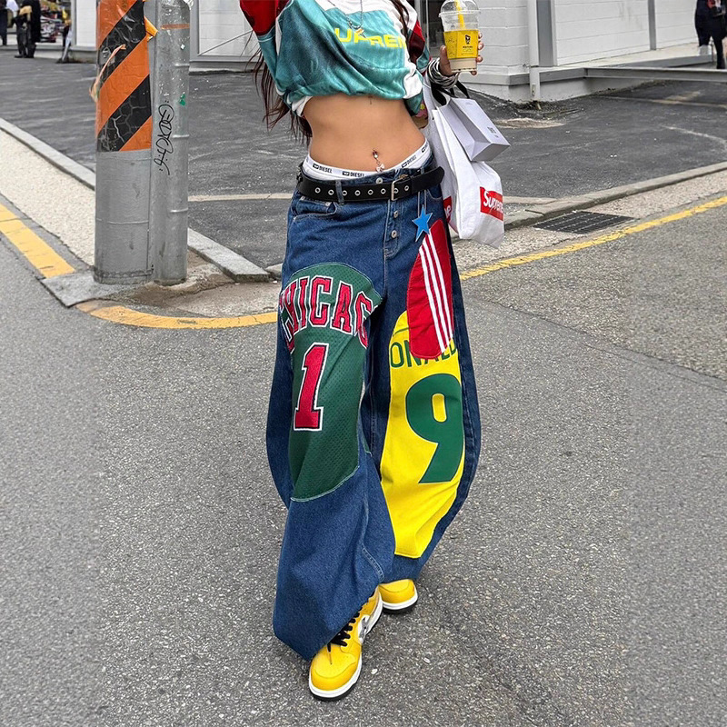 美式复古撞色印花弯刀牛仔裤女早秋新款街头街舞裤子宽松阔腿长裤|undefined