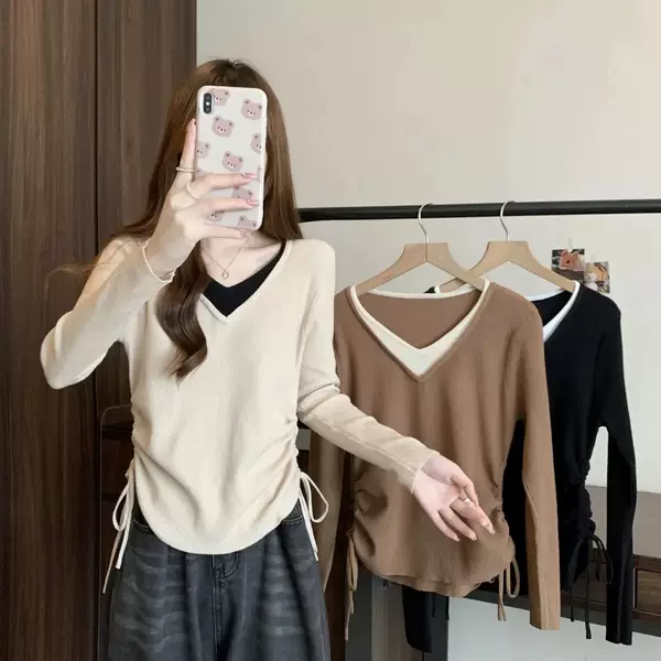 Plus Size Women's Clothing 2025 Autumn and Winter Fat mm Slimming Look Design V-Neck Drawstring Fake Two-Piece Splicing Knitwear Versatile