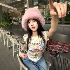 漫画プリント半袖右肩 Tシャツ女性の夏の新しいスリムフィットウエストタイトショートラウンドネックトップ