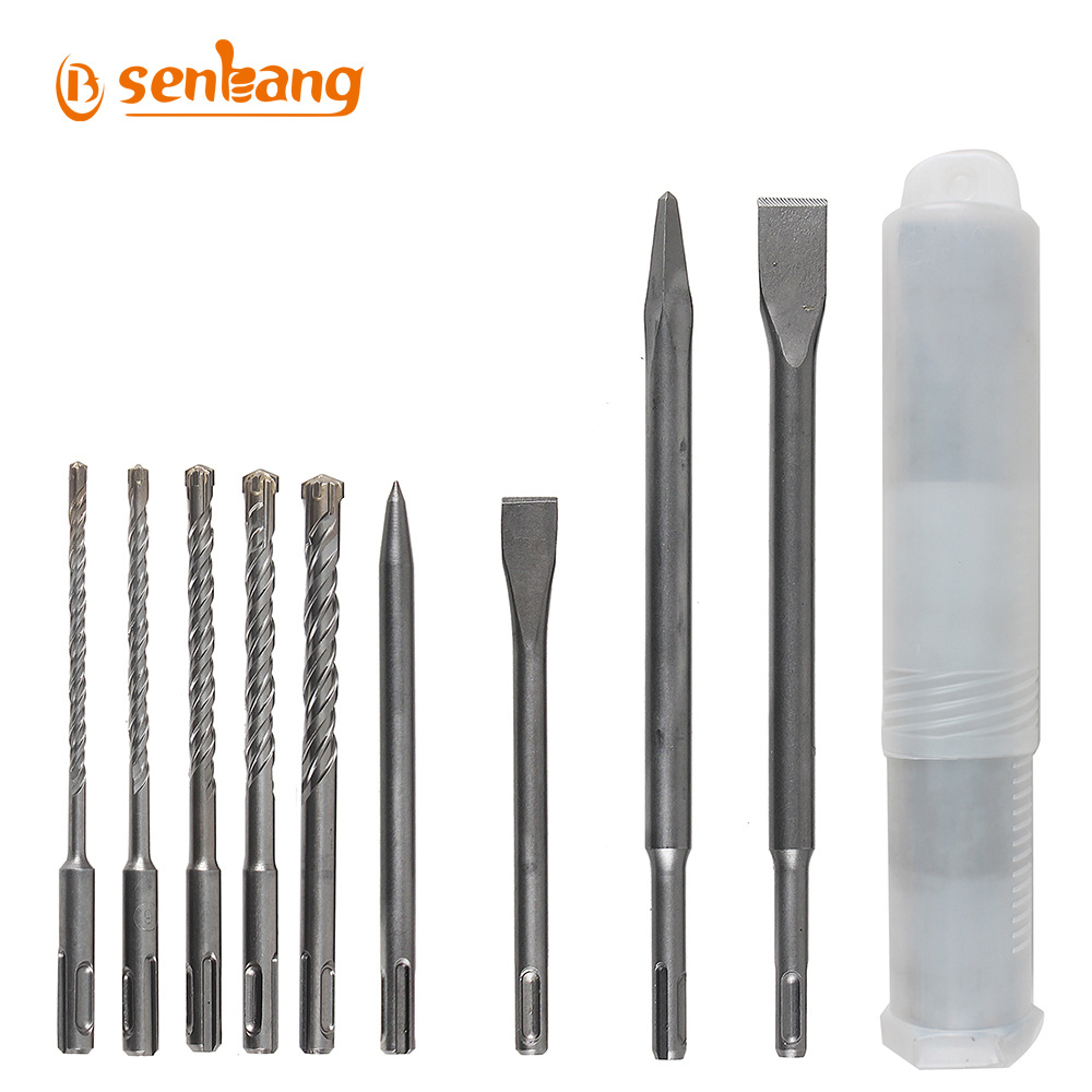 9pc电锤钻头圆凿子尖凿扁凿套装两坑两槽圆柄塑桶包装跨境