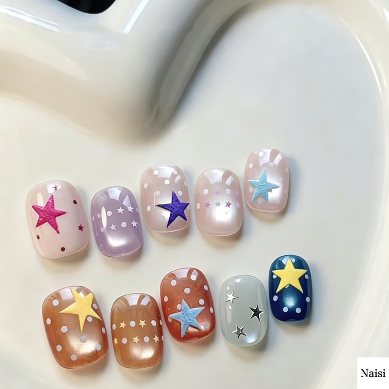 Summer Fresh Style Wearable Nails: Rainbow Star Fake Nails, Detachable, Cute, Brightening, Transparent Polka Dot Nail Stickers