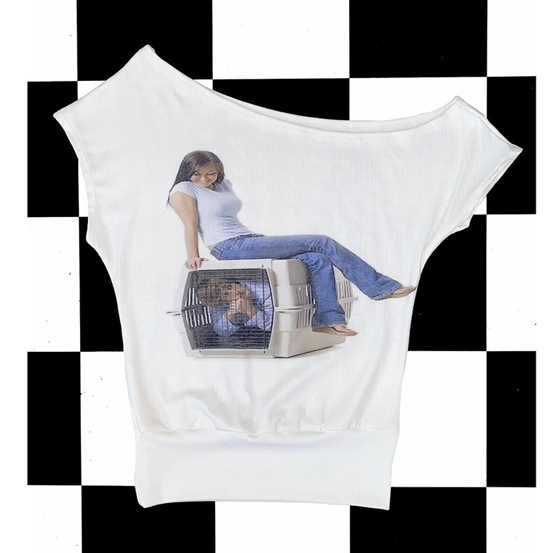 European and American Export Retro Print Feminist Yabi Y2K Sexy Sweet and Spicy Design Slanted Shoulder Off-Shoulder Slim Short-Sleeved T-Shirt