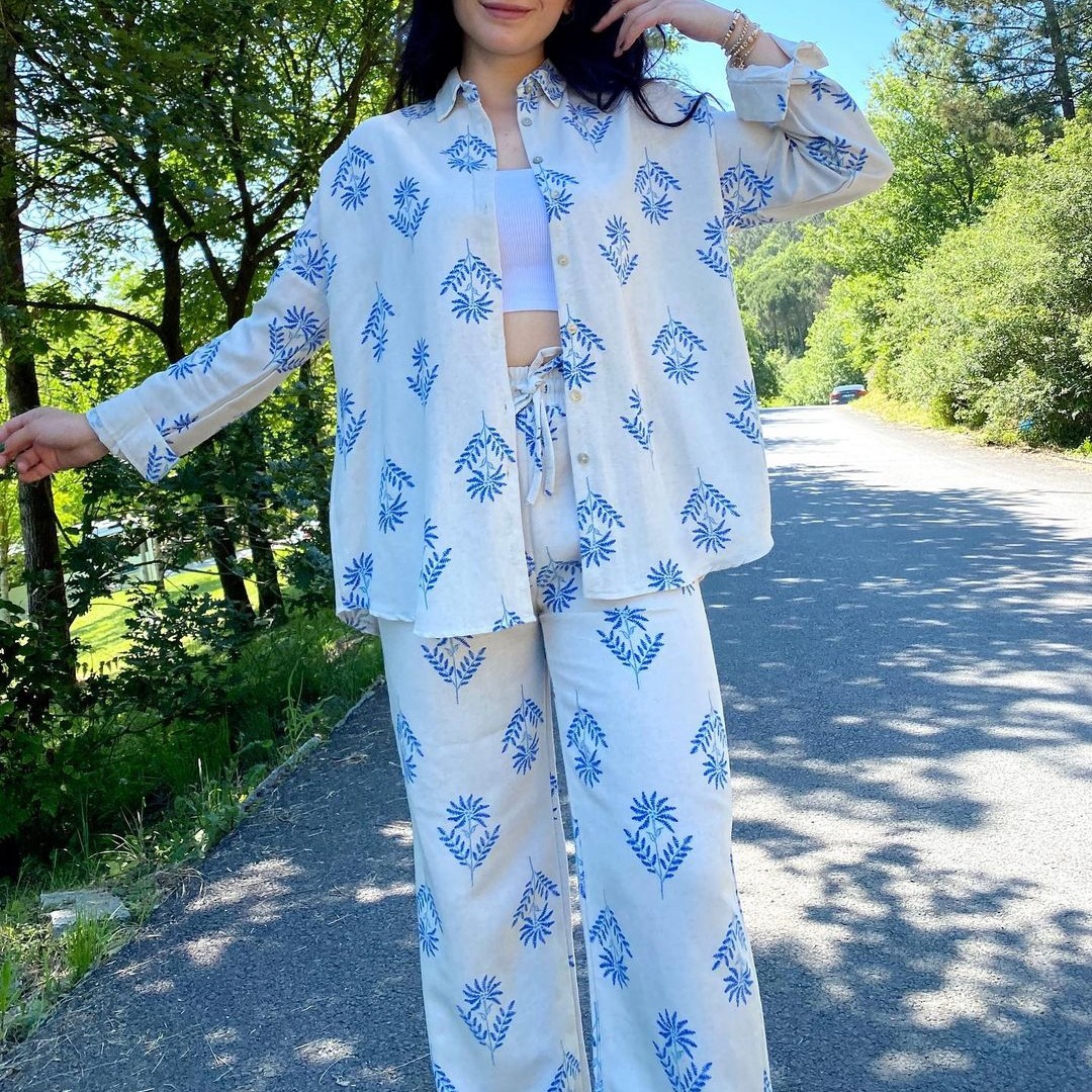 Women's Linen-Blend Lounge Set, Long Sleeve Shirt And High-Waisted Tie-Waist Wide-Leg Pants, Comfortable Two-Piece Outfit For Casual Wear_ecoleips.com