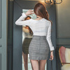 Two piece set of camisole off shoulder slim fit shirt+high waisted plaid wrap hip skirt