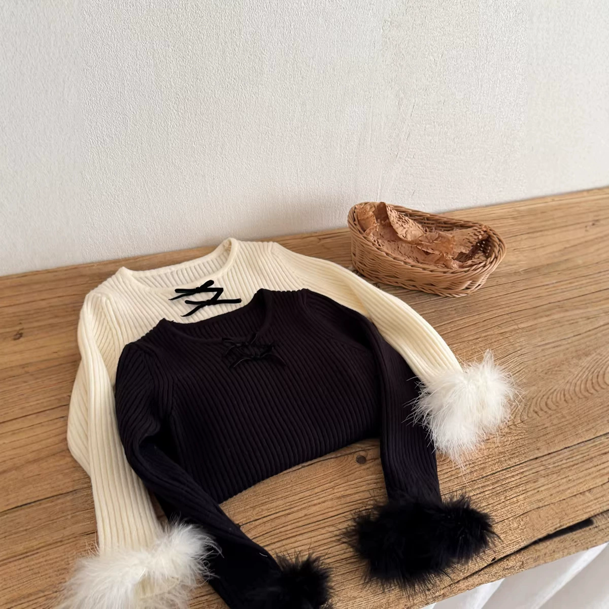 瑜瑜公主 女童新款韩版蝴蝶结针织毛衣 女宝宝鸵鸟毛袖针织衫内搭