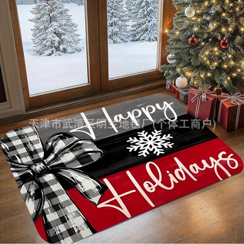 Christmas Floor Mat for Entrance Door, Entrance Door, Entrance Hall, Red Decorative Foot Mat, Stain-Resistant, Non-Slip, Cuttable Carpet