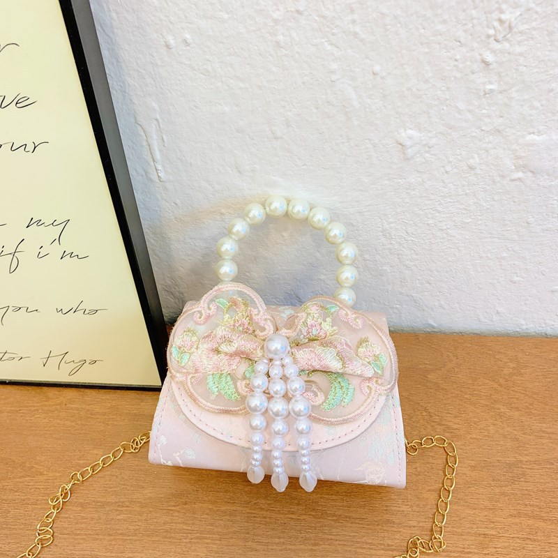 Bolso de princesa de niñas 2025, otoño nueva chica lindos bordillos de encaje mochila bolso de perlas de estilo chino Aisha