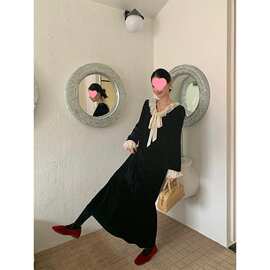 冬季法式赫本风金丝丝绒拼珍珠花边蝴蝶结系带连衣裙遮肚子