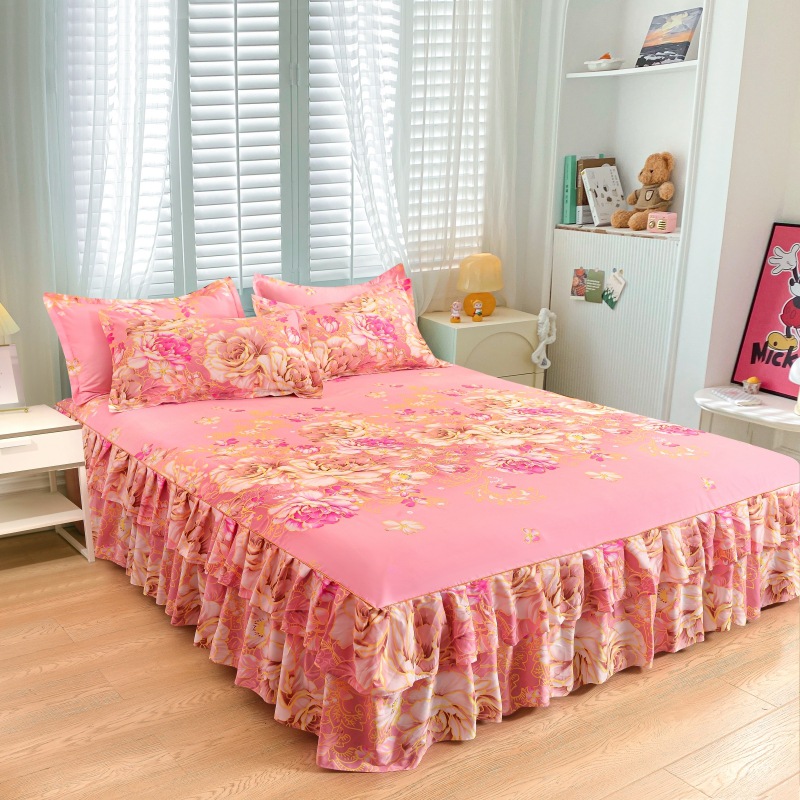 Aloe cotton Korean style lace single bed skirt 120 * 200cm bed skirt three-piece set household Simmons mattress protective cover